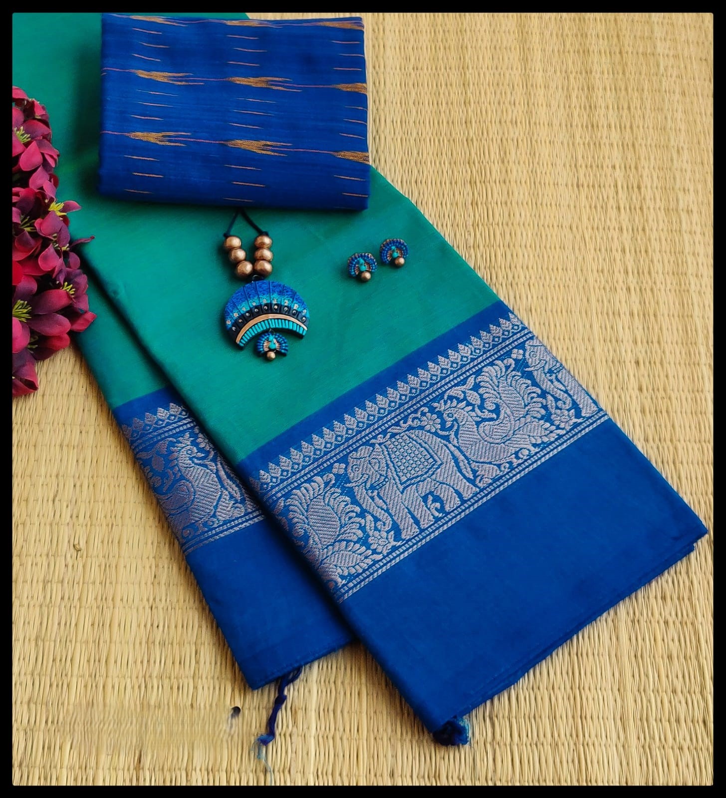 Maroon Peacock Zari Border Chettinad Cotton Saree